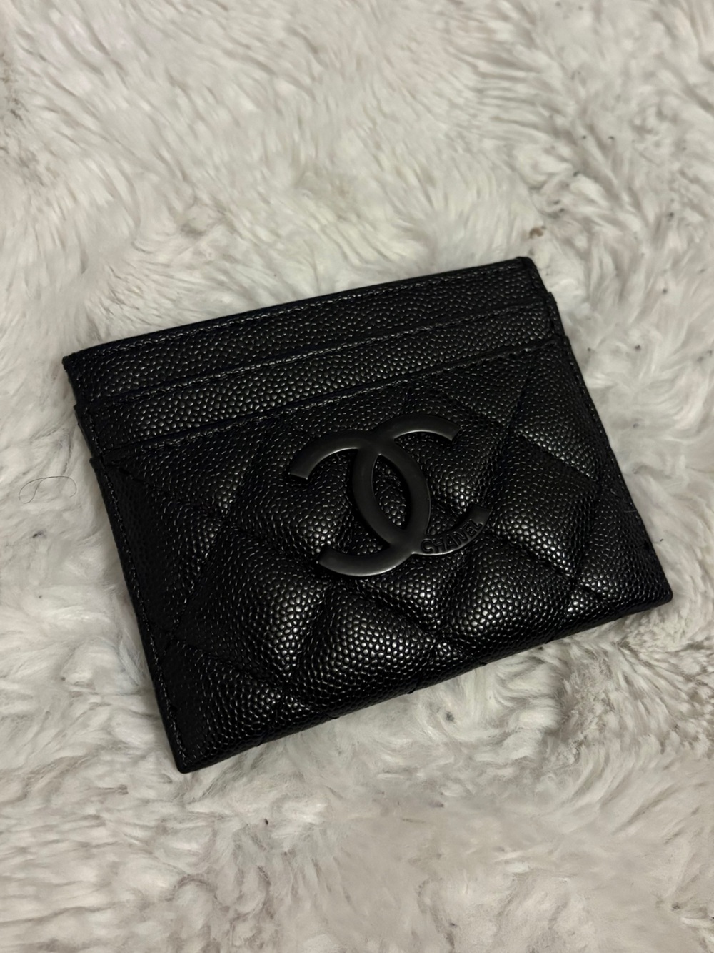 Black Quilted Caviar Leather Card Holder with CC Logo